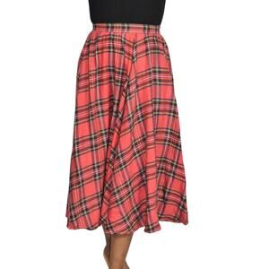 Vintage Plaid Skirt Red Tartan Check 70s 80s Swing Midi Full Cotton Size Small